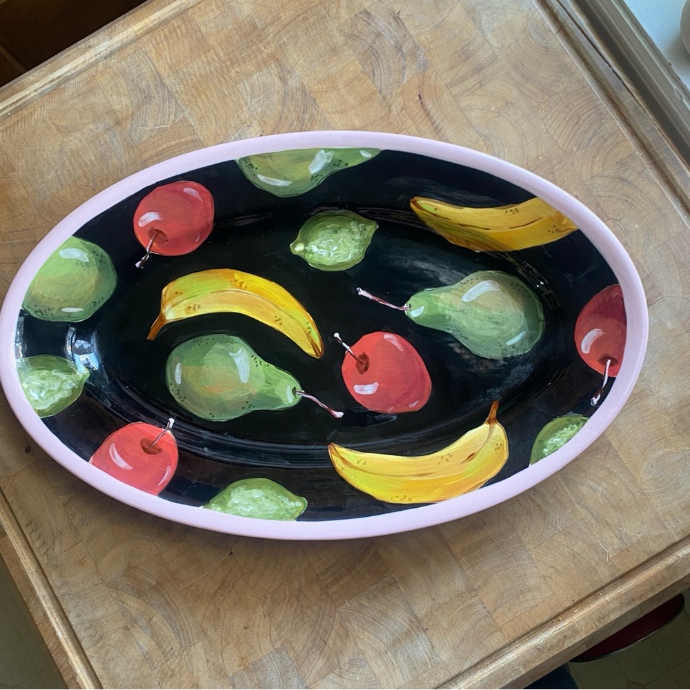 Droll Designs Black Fruit Print Painted Oval Platter